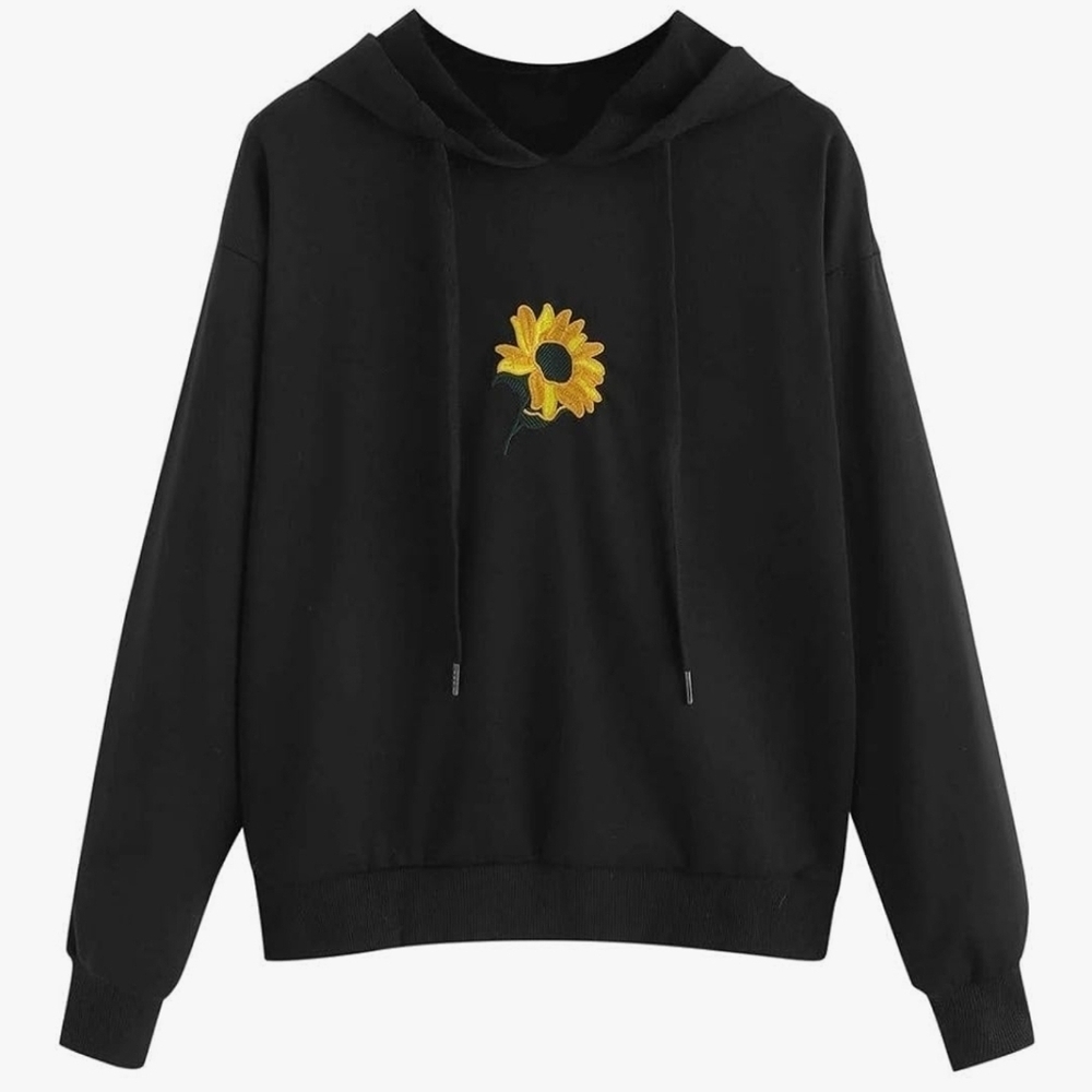Black Sunflower Embroidered Hoodie Sweatshirt - Small - NWT!